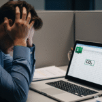 한 남자가 컴퓨터를 보면서 괴로운 표정을 하고 있음