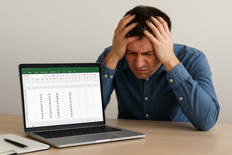 엑셀 앞에서 머리를 감싸쥐고 고민하는 사람